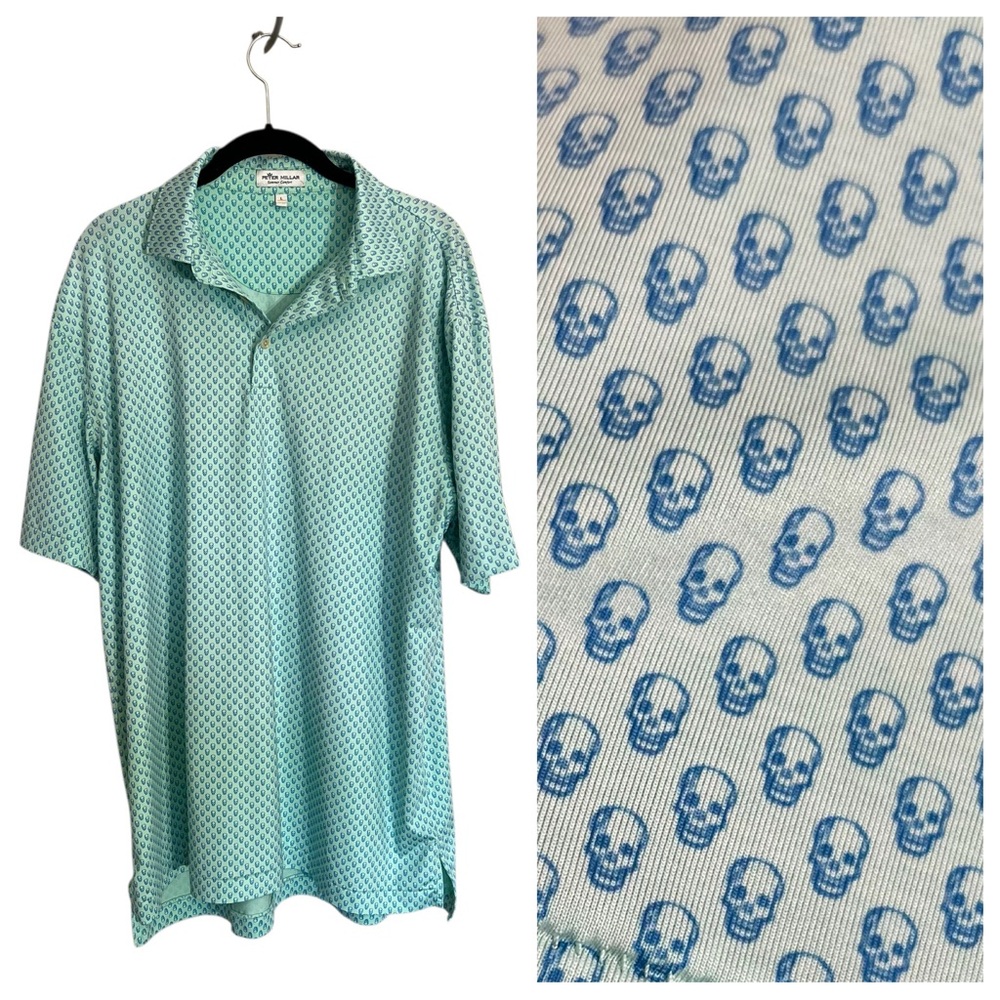 Peter Millar summer comfort skull head print polo shirt golf tee sz large green